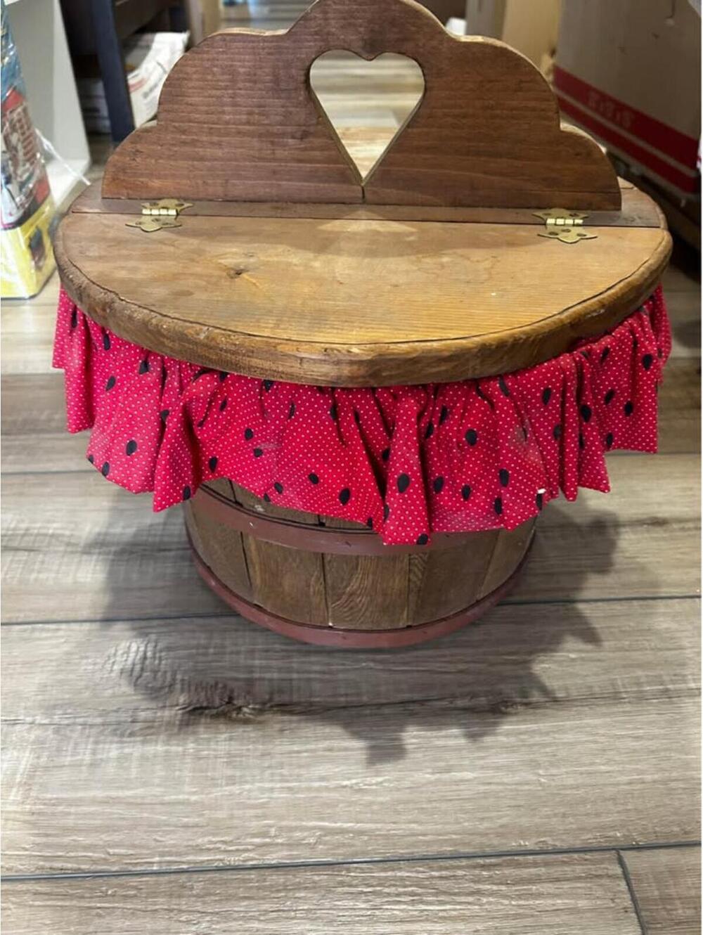Wooden Barrel Storage Bin Heart Lid Watermelon Liner sewing picnic cottagecore